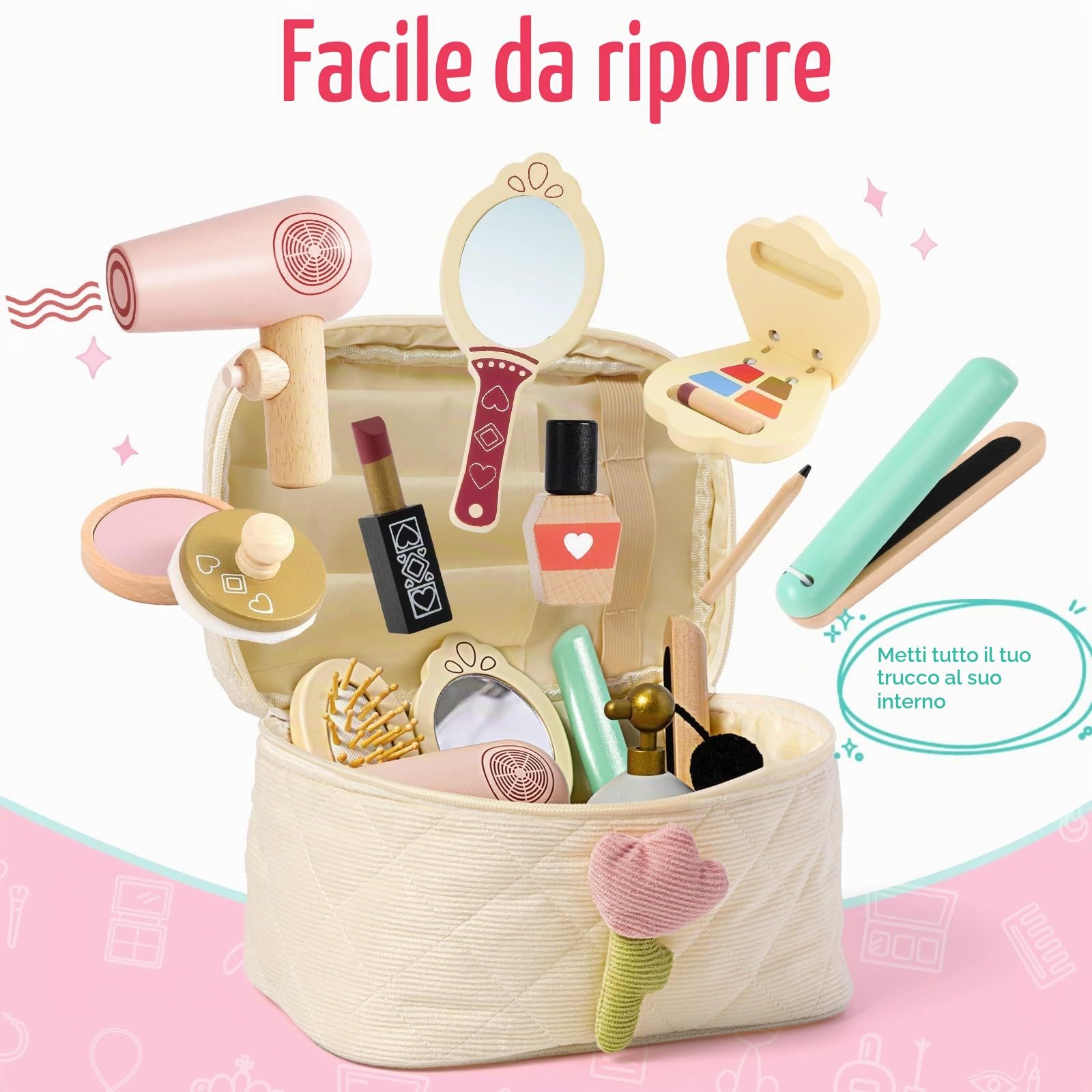 Atoylink Trucchi Bambina in Legno 3 4 5 6 Anni, Finti Trucchi Set con Set Parrucchiera Bambina Trousse Trucchi Giocattoli Giochi Legno Regalo per Bambini Ragazza 3 4 5 6 7 Anni