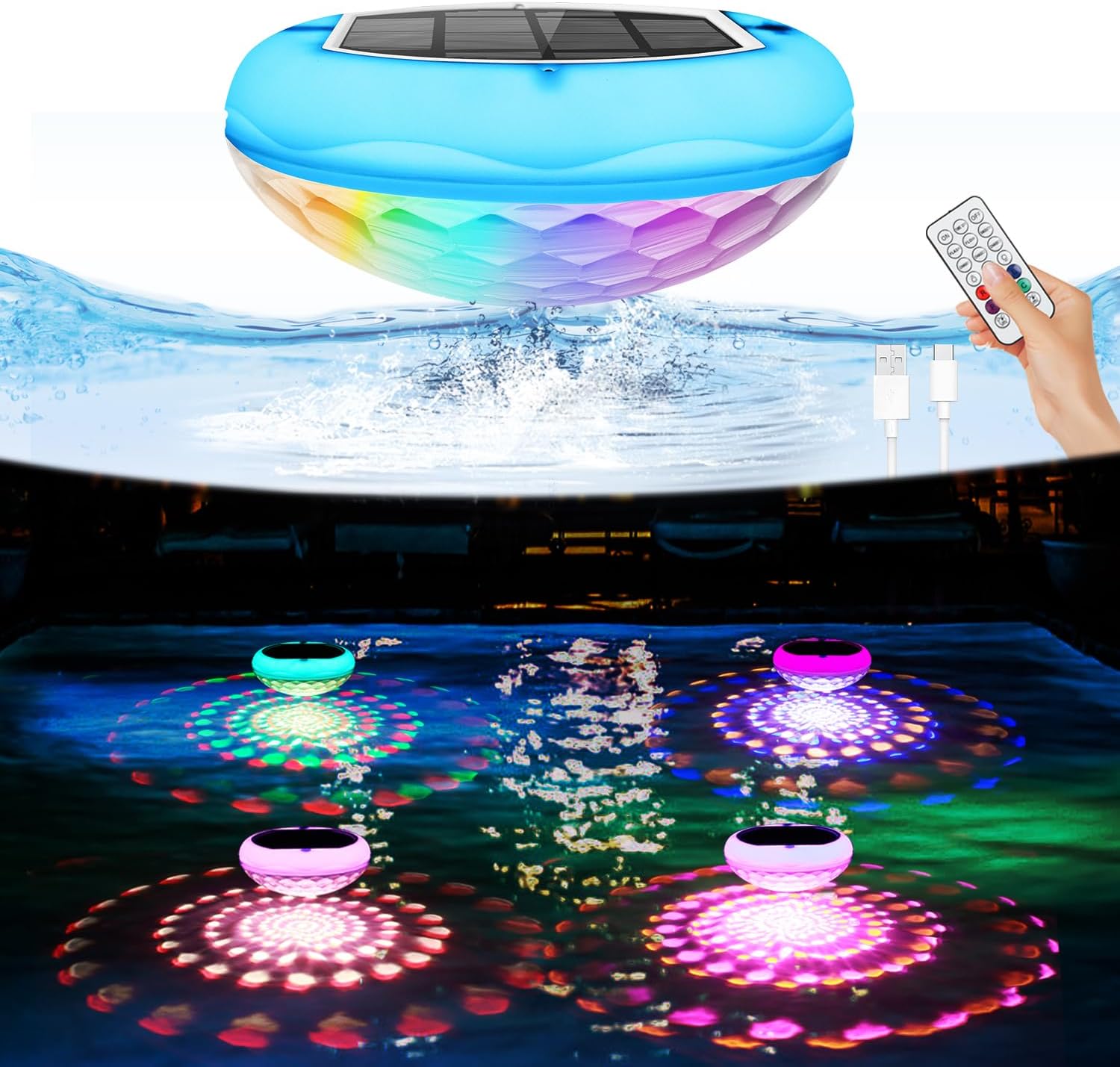 Solar Pool Lights(4 PCS), USB Rechargeable Floating Pool Lights, 6.69 Inch IP68 Waterproof 2600mAh Pool Lights 6 Dynamic Modes with Remote Upper and Lower Glow Hangable for Backyard Pond