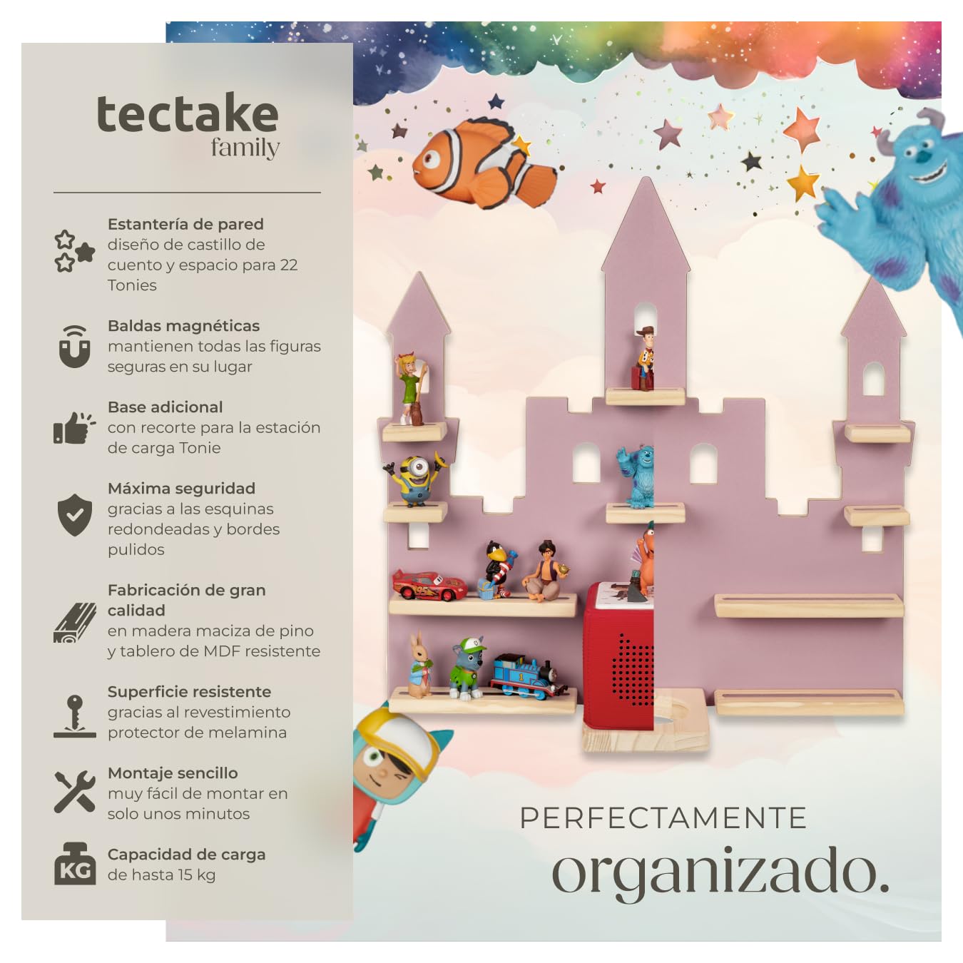 tectake® Estantería Madera para hasta 50 Tonies, Toniebox, Estantería Madera para Figuras Audio Toni, Organizador de Habitación Infantil, 12 Baldas y Guía de Cables, Diseño Resistente y Seguro
