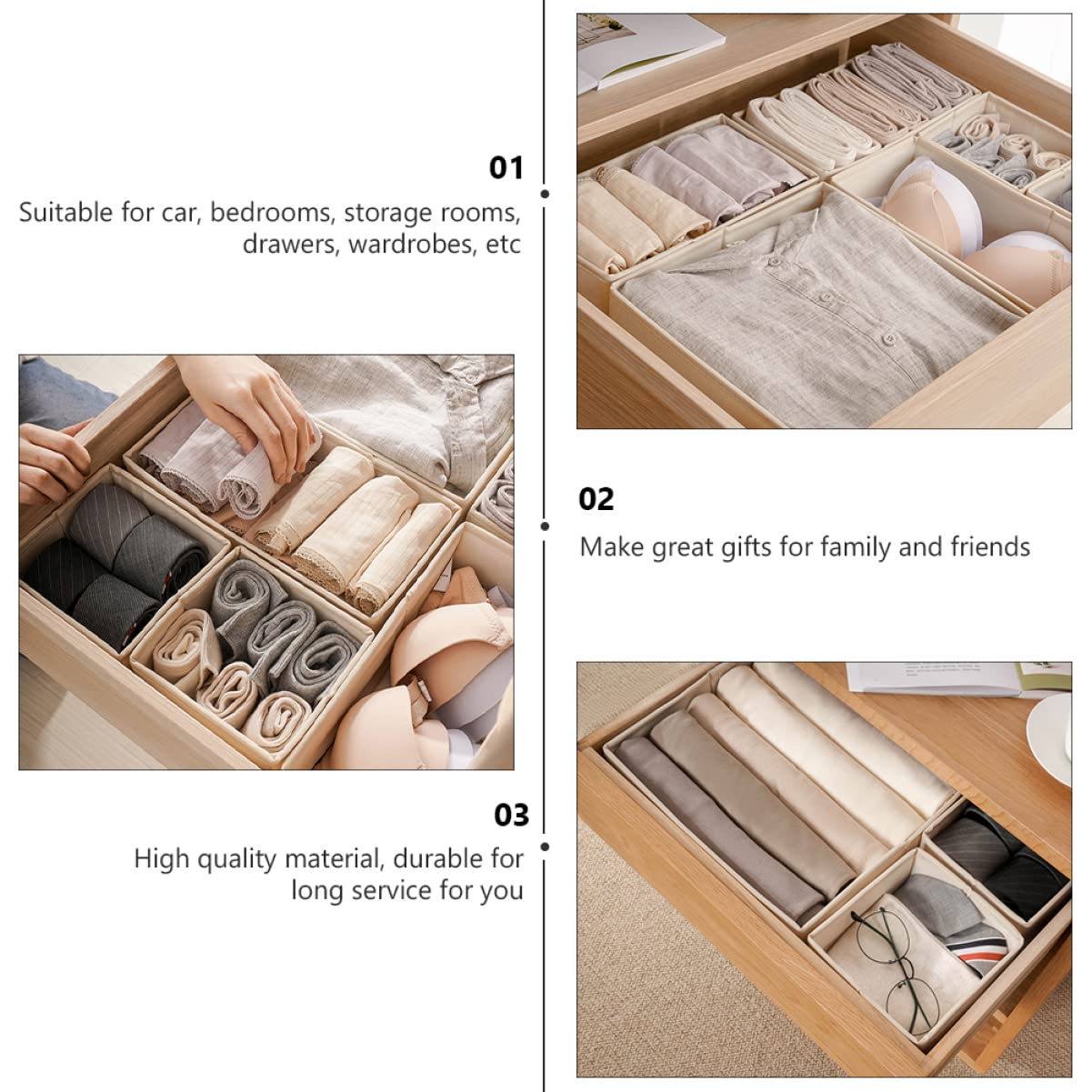 ULTECHNOVO Set 3 Pezzi Scatole Organizzatore Beige per Biancheria Intima e Calzini, Contenitore per Cassetti, per Camere e Ordinamento