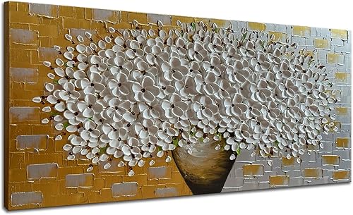 Miniatura 2 de zoinart Pinturas al óleo 3D pintadas a mano sobre lienzo, arte de pared de 24 x 48 pulgadas, pintura en lienzo floral blanco y gris, arte de pared