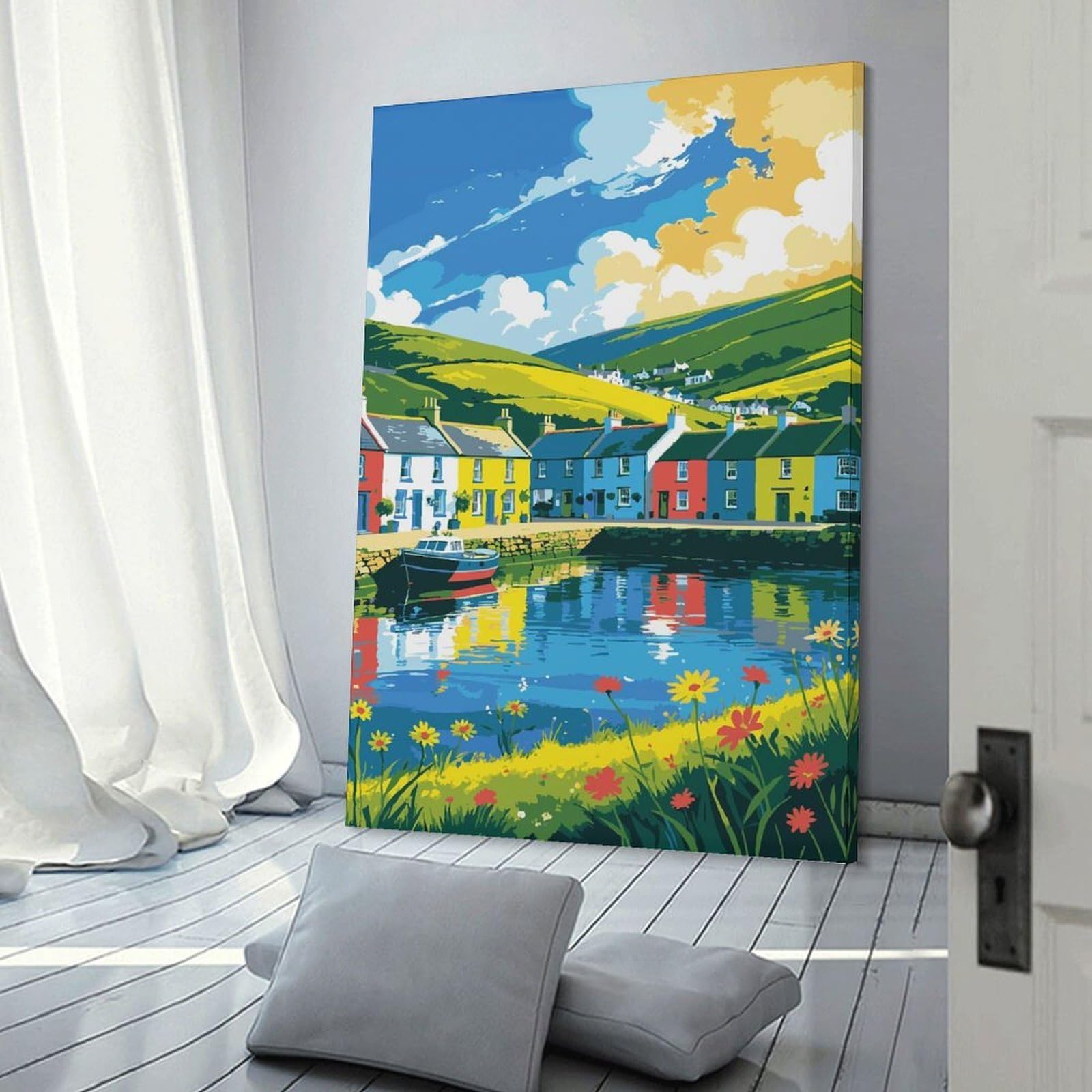 Junmoney Wall Art Print Colorful Coastal Village Scene Illustration, 20x30inch(50x75cm), for Living Room, Bedroom Or Apartment Walls, Modern Wall Decor for Cosy Interiors