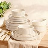 Ceramic Dinnerware Sets for 4, 12 Pcs Ribbed Reactive Glaze Plates and Bowls Sets, Chip Scratch Resistant, Microwave Dishwasher Safe Dish Set, Christmas Housewarming Gifts, Cappuccino White