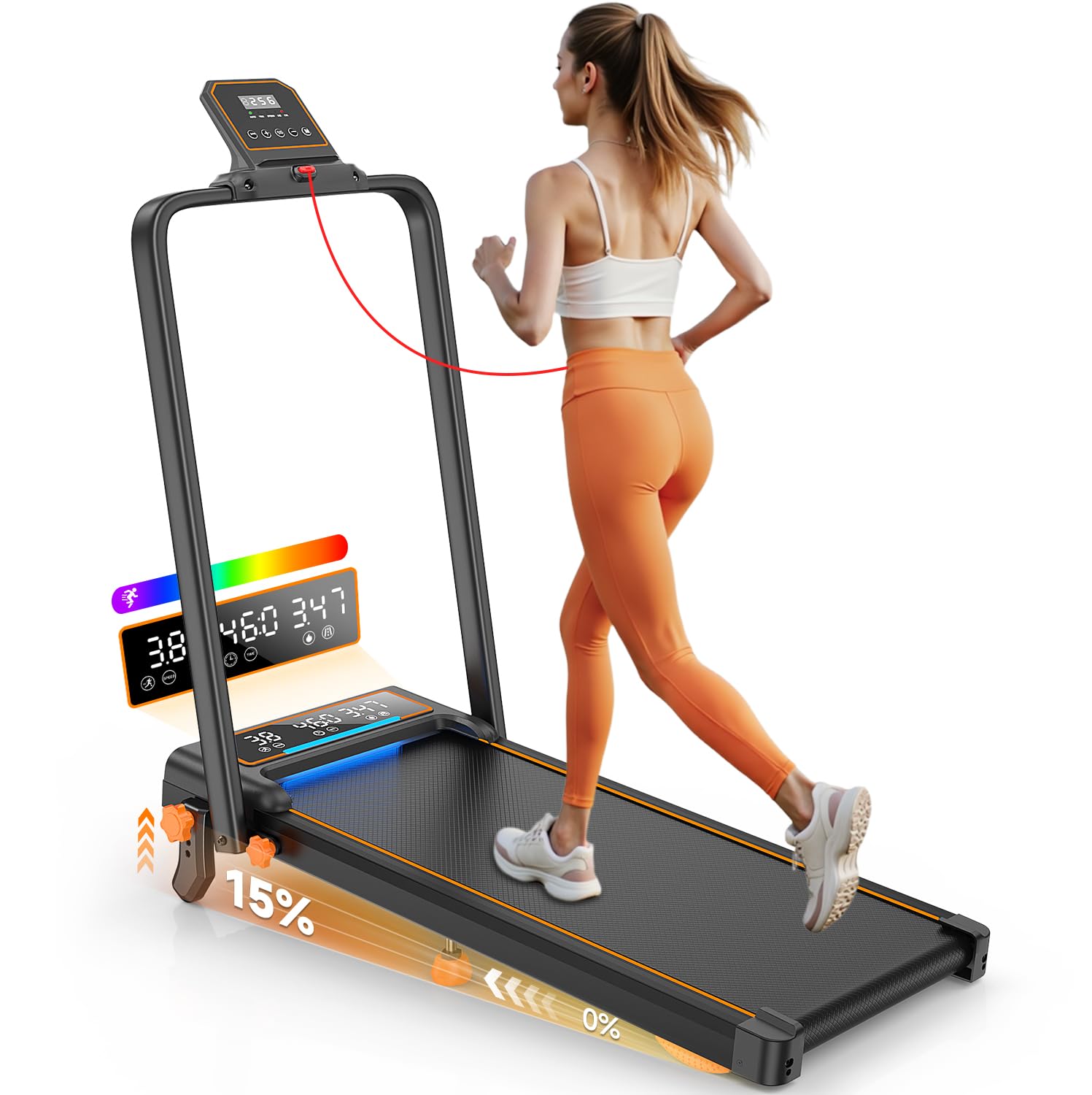 Treadmill Walking Pad with 15% Incline/Handle Bar/2 LED Display, 3.5HP Portable Treadmills for Home Small, Foldable Walking Pad Treadmill 350+lb Capacity, Smart App, 4 Adjustable Incline, RGB Light