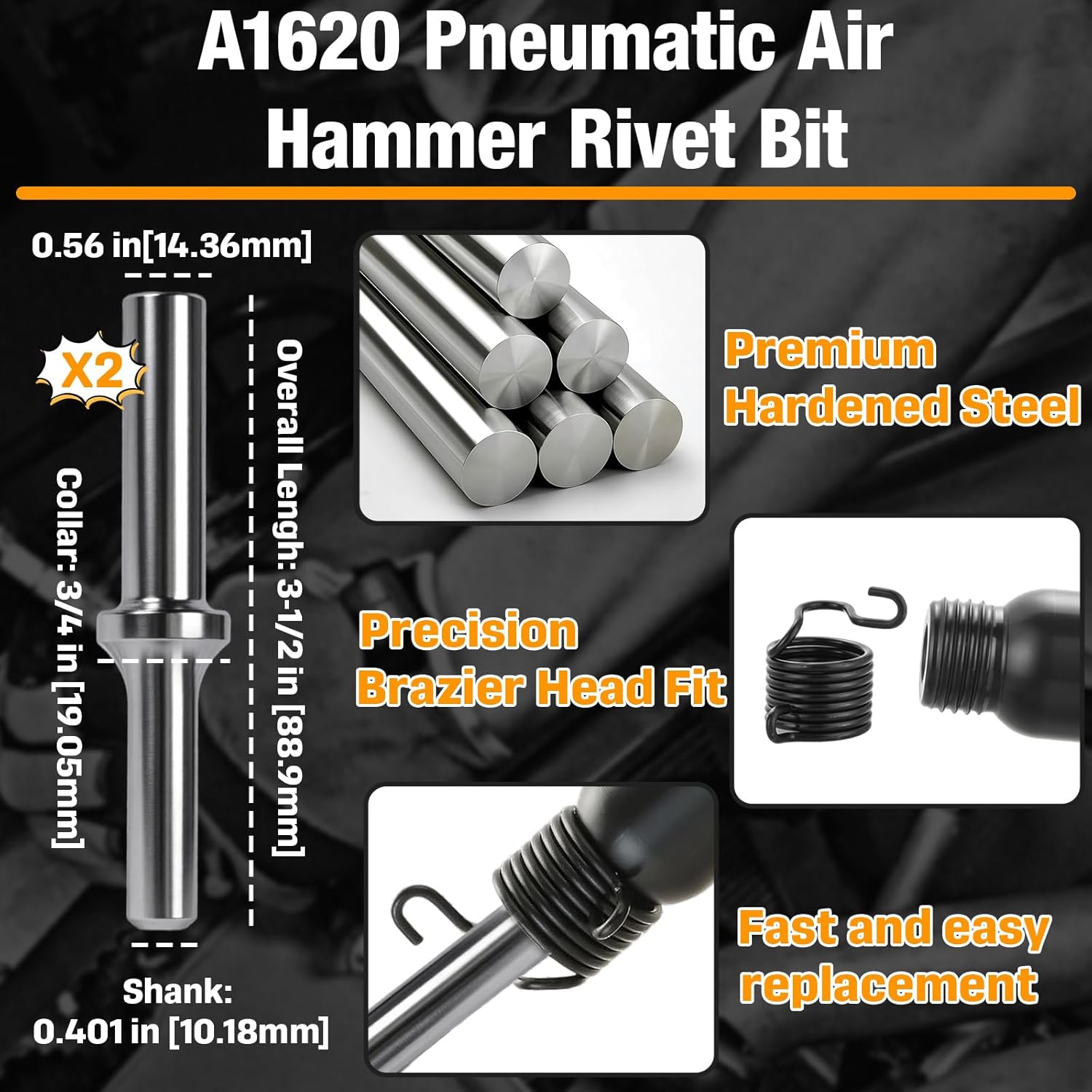 2 Pack A1620 Pneumatic Air Hammer Rivet Bit Set, Solid Rivet Tool Kit for 3/16" Universal, Dome & Brazier Head Rivets, Fits .401" Shank Air Rivet Gun, Aluminum & Steel Applications