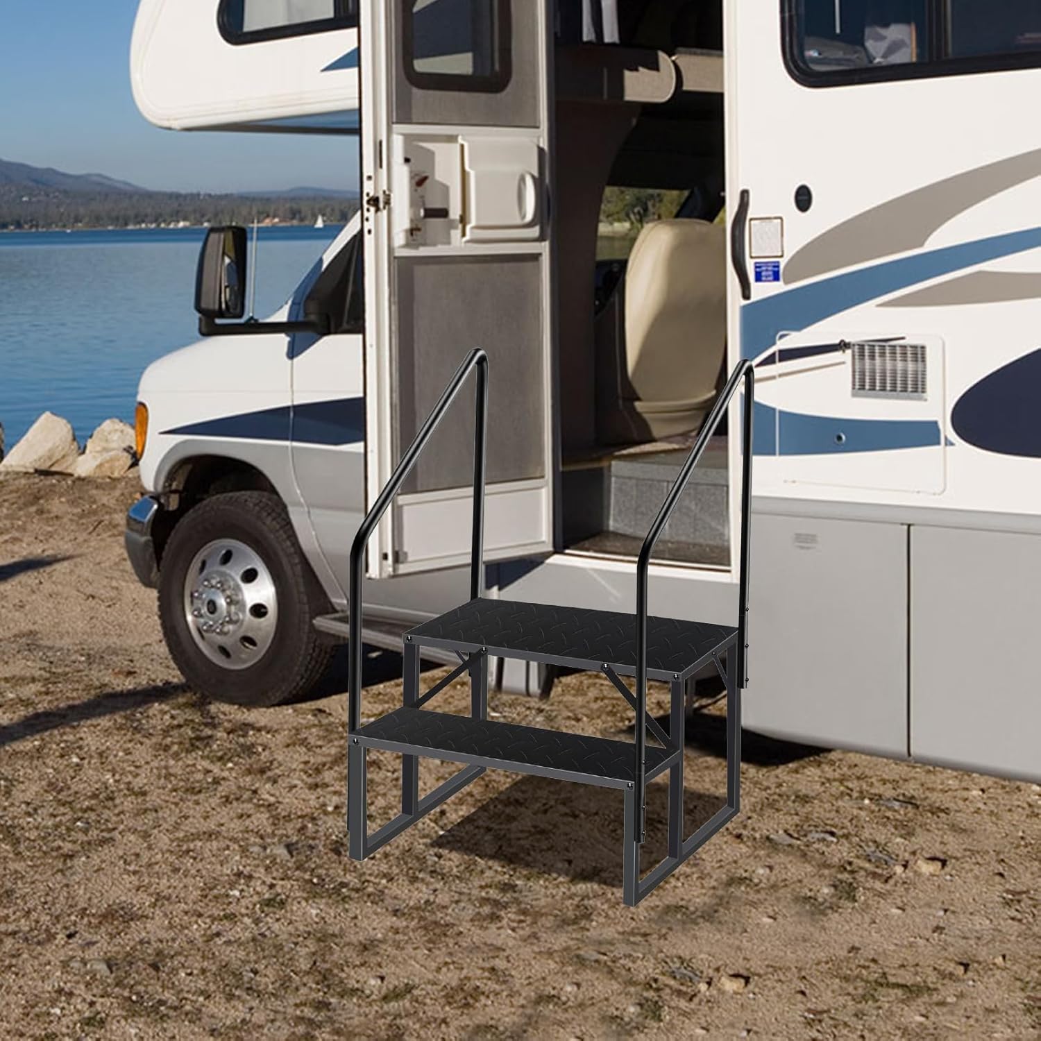 Marchepieds pour Camping Cars 2 Marches Mains Courantes pour Caravane Escabeau de Caravane Charge 300 kg Portable Sécurité Renforcée Marchepied Robuste avec Double Rampe Double Main Courante