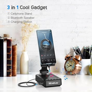 TechGlow Foldable Cellphone Stand with Bluetooth Speaker Charging Function 360 Rotatable Phone Stand Birthday Gifts for Men Women Mother Father Cool Tech Gadgets
