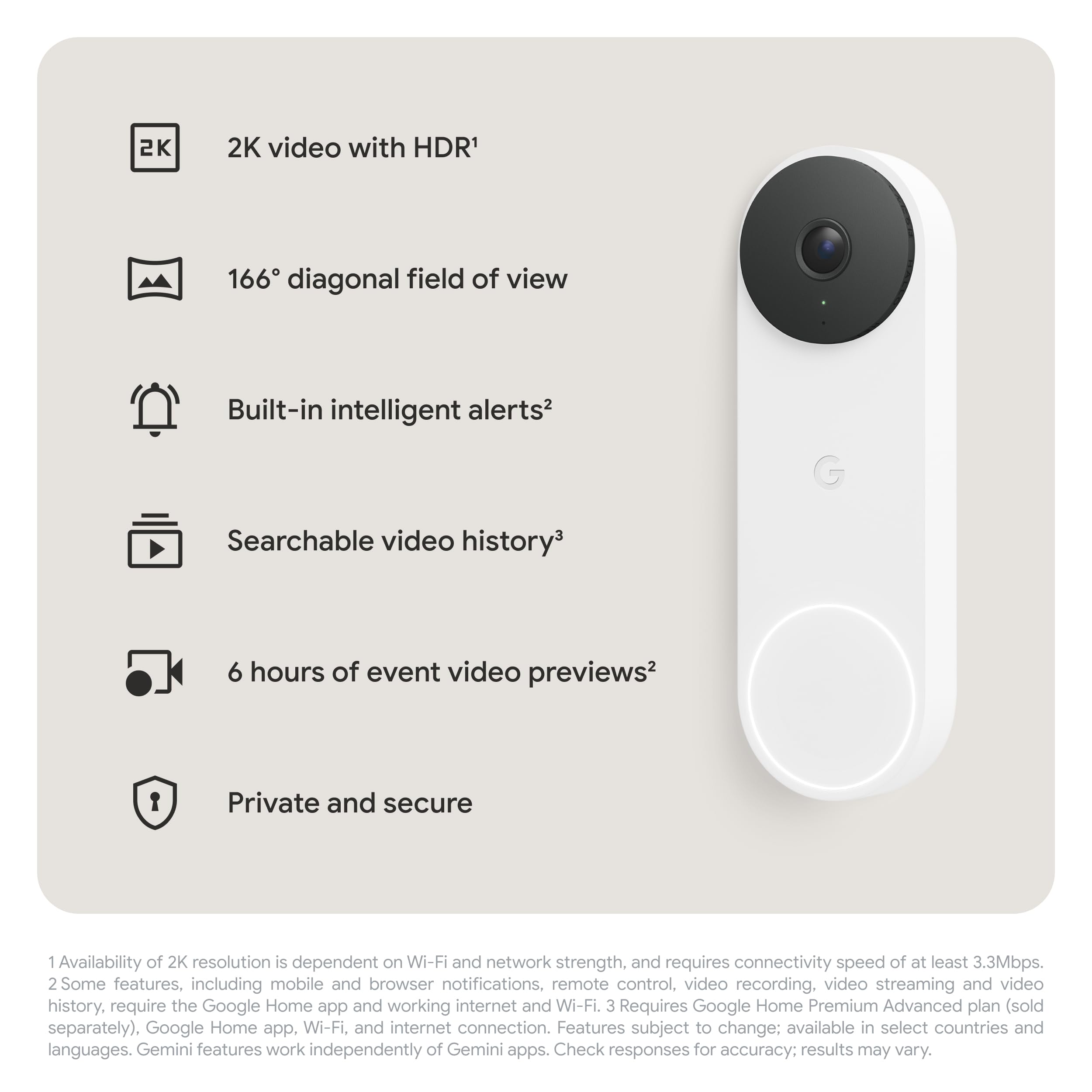 Google Nest Doorbell (Wired, 3rd Gen) - 2K Video and Gemini, Live View, Night Vision, 2-Way Audio - Works with Google Home - 2025 Model - Snow