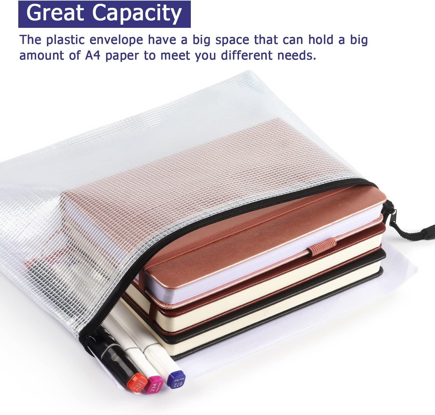 6 Pack Mesh Zipper Pouch Document Bag Waterproof Zip File Folders for School Office Supplies Travel Storage Bags (White) - Image 5