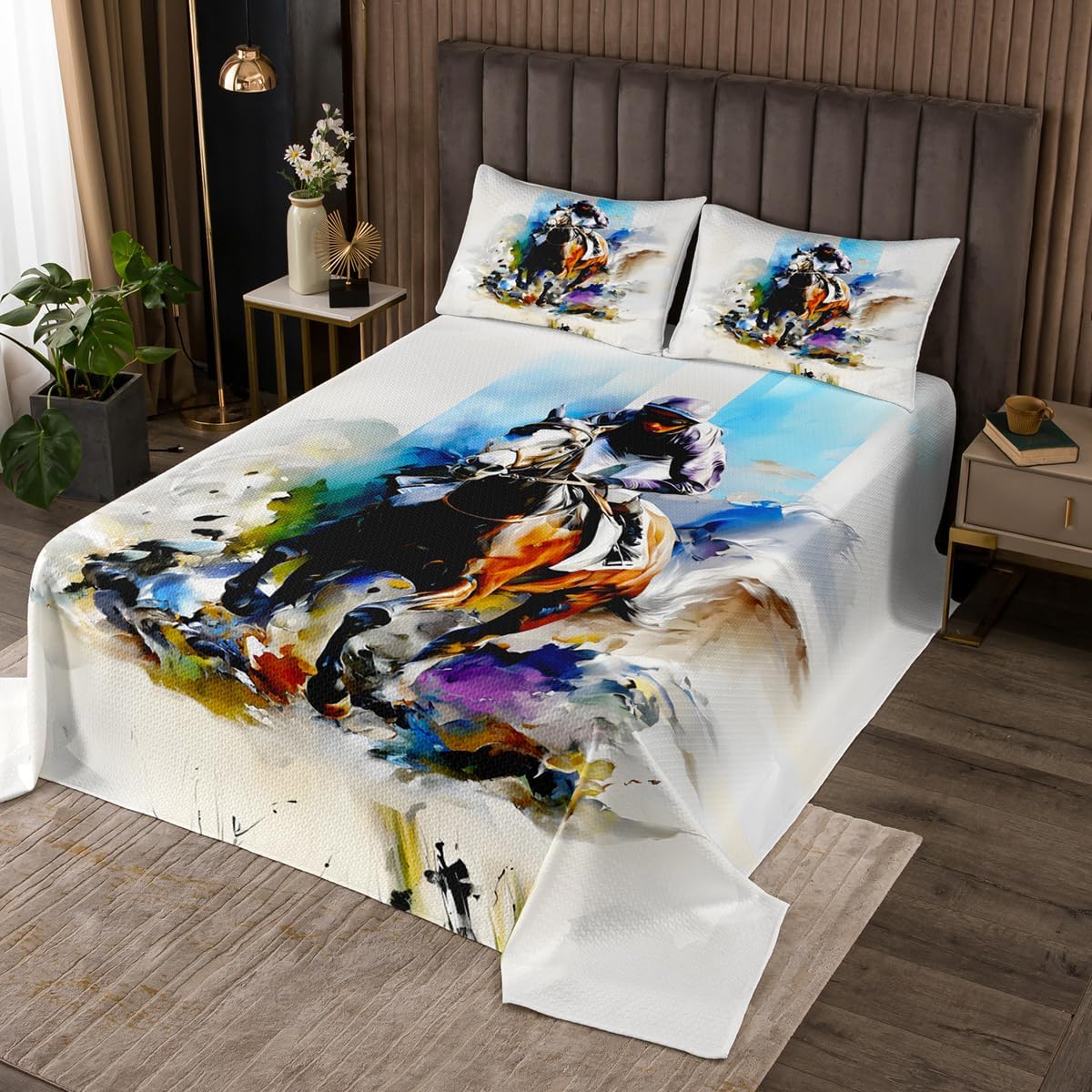 jejeloiu Horses Bedspread Queen Size Galloping Horse Coverlet Set Western Cowboys Quilted Coverlet for All Season with 2 Pillowcases Rustic Farmhouse Microfiber Lightweight Blue Brown