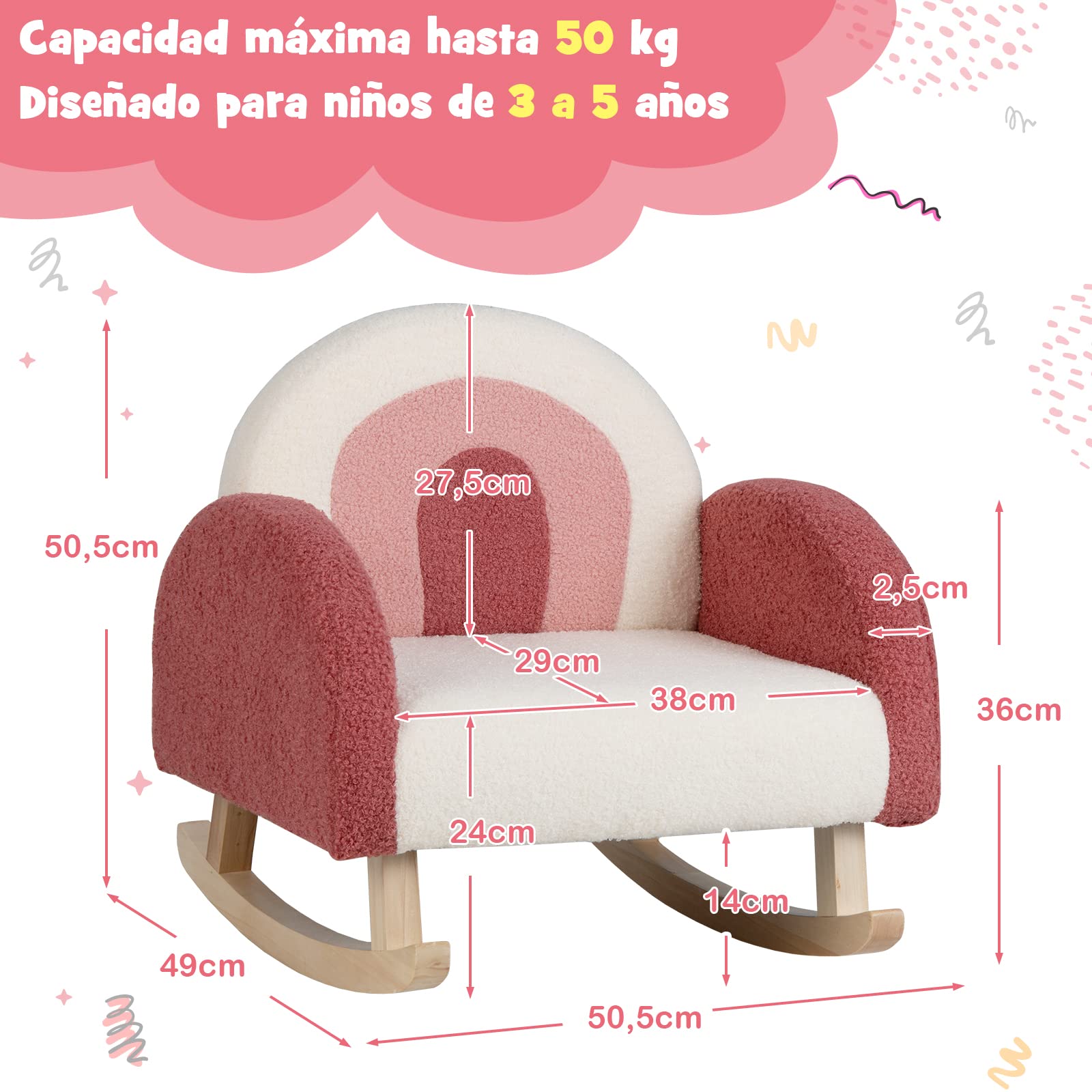COSTWAY Silla Mecedora Infantil, Sillón Moderno con Patas de Madera de Álamo para Niños de 3 a 5 Años, Antivuelco, Bonito Sofá Individual Tapizado para Guardería, Sala de Juegos (Rojo)