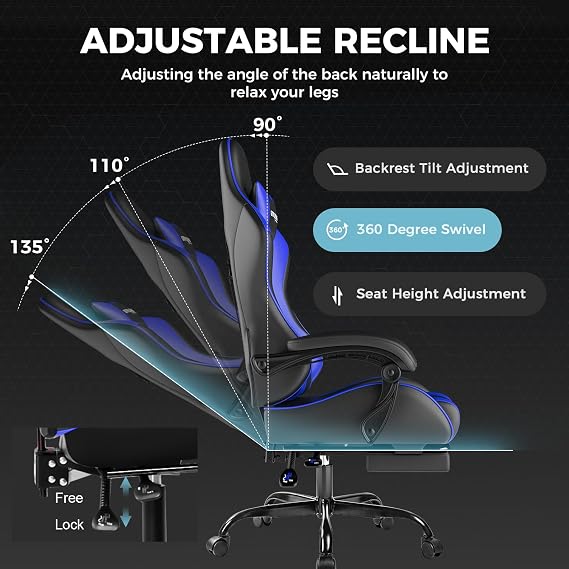 GTPLAYER Gaming Chair, Computer Chair with Footrest and Lumbar Support, Height Adjustable Game Chair with 360-Swivel Seat and Headrest and for Office or Gaming (Faux Leather, Blue)