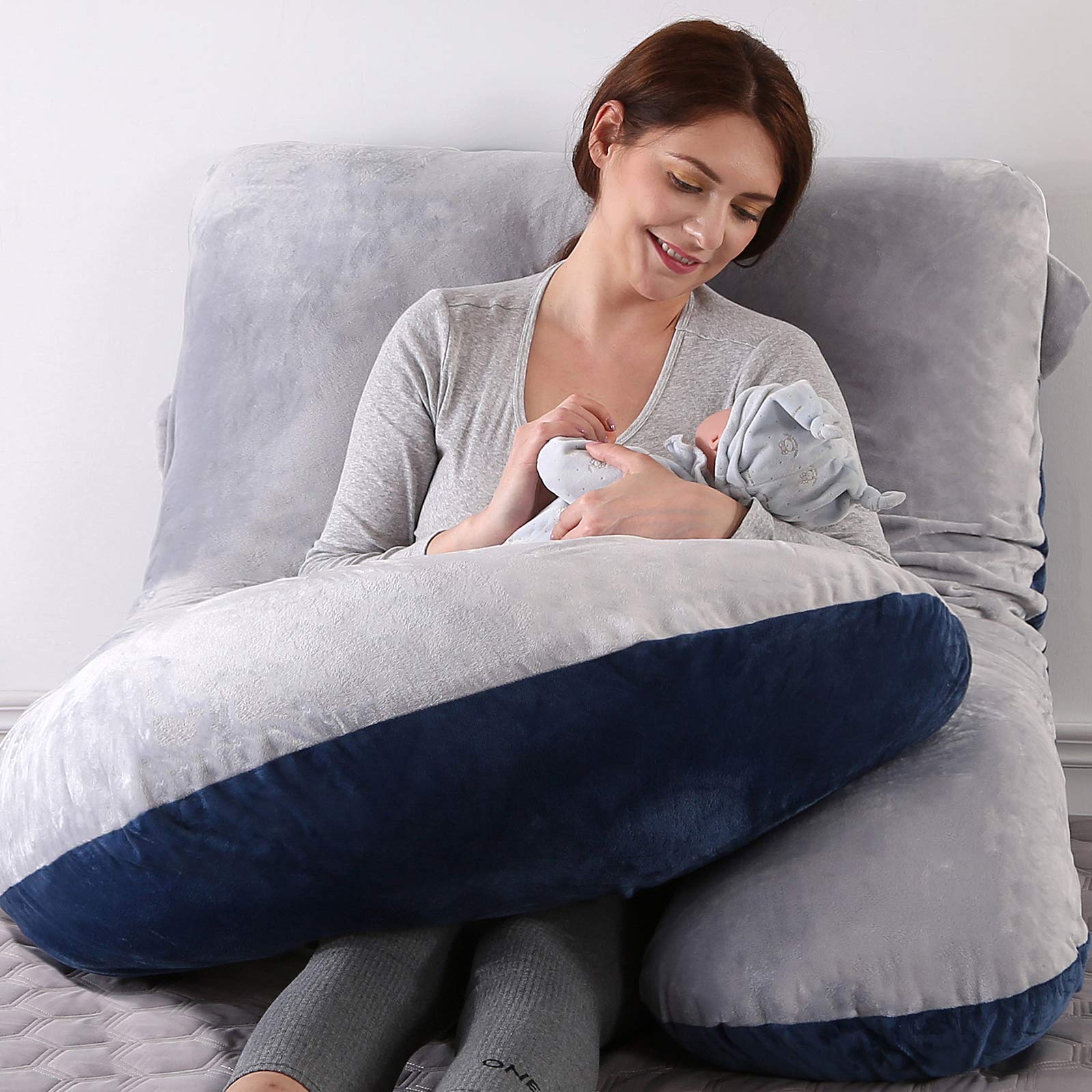 Elover Coussin de grossesse en forme de U pour femme enceinte avec housse en velours remplaçable et lavable Taille 152,4 cm (bleu-gris, velours)