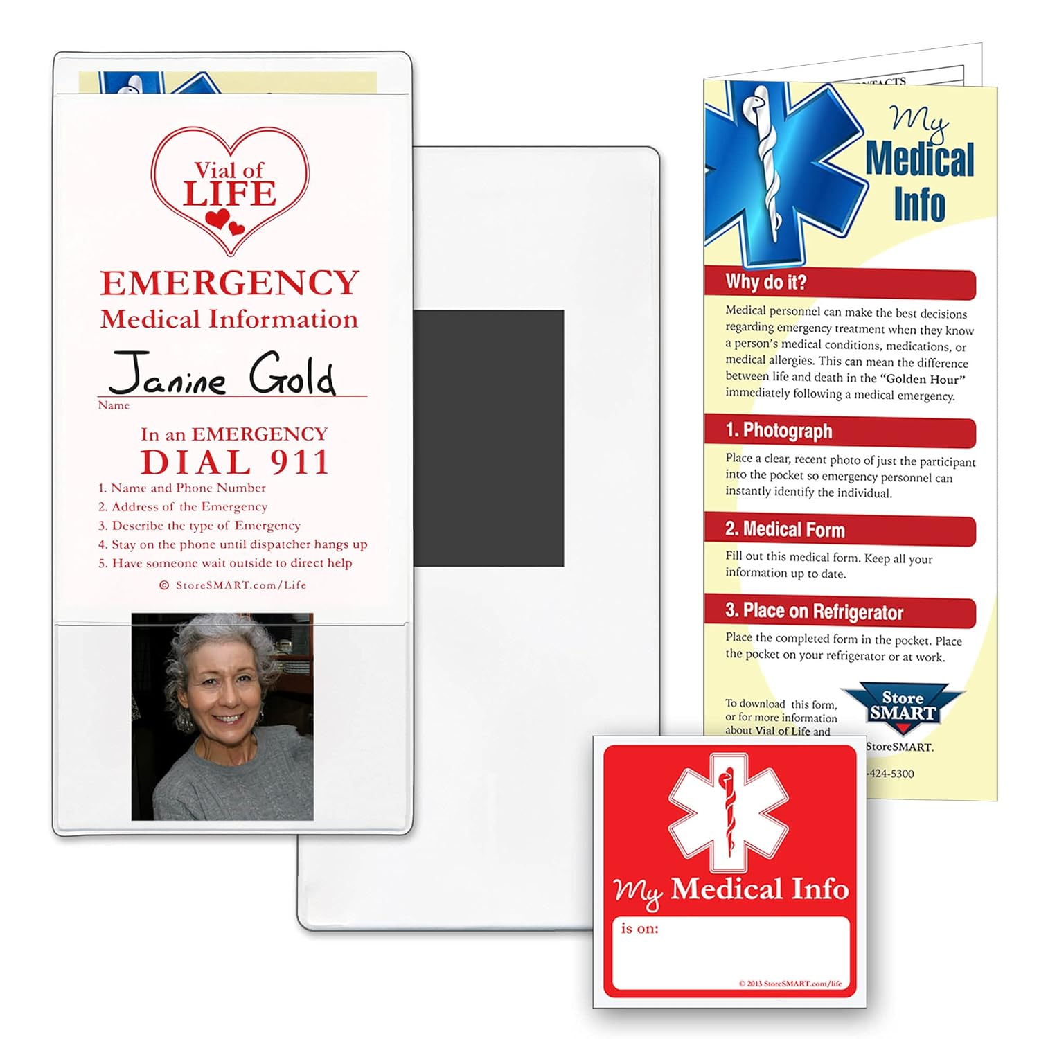 StoreSMART - Vial of Life Medical Info Pocket - Magnetic Back - 25-Pack - for Refrigerator, Locker, Filing cabinets - VHTSM-25