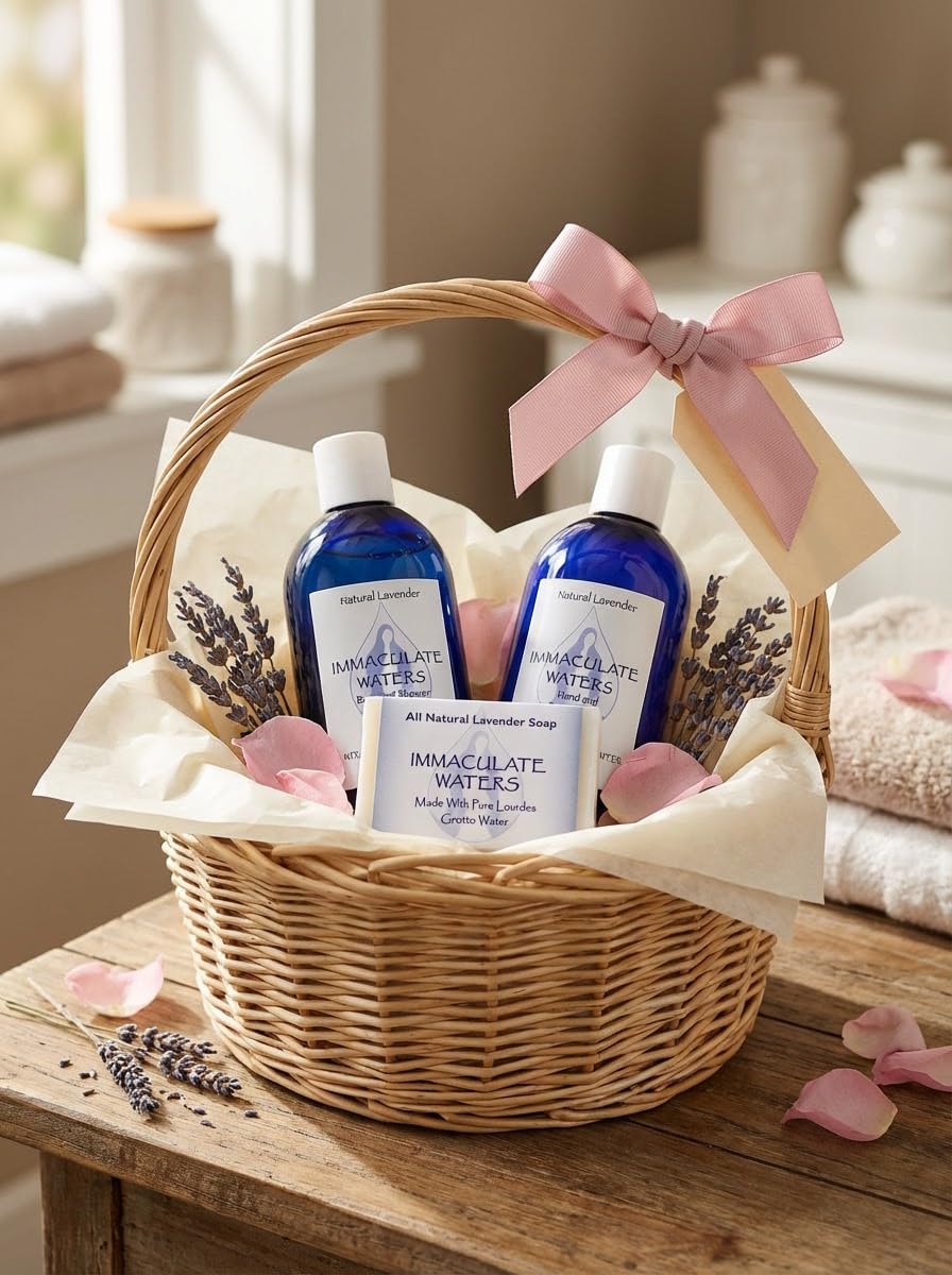 Unscneted Set (3pk) - Body Lotion, Shower Gel, Hand Soap Bar - Natural Hydrating with Lourdes Grotto Holy Water, Soothing Gentle Skincare - Catholic Gift for Women