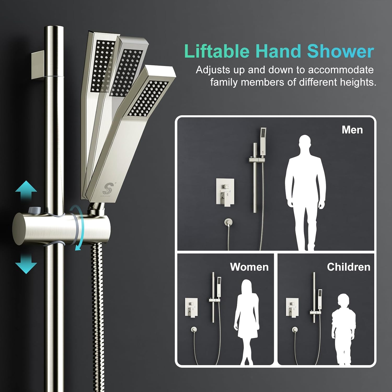 SR SUN RISE 12 Inch Square Shower System, Rain Shower Head and Slide Bar Handheld Shower Faucet Wall Mounted Combo Set Included Valve and Trim Kit for Bathroom, Brushed Nickel - Image 2
