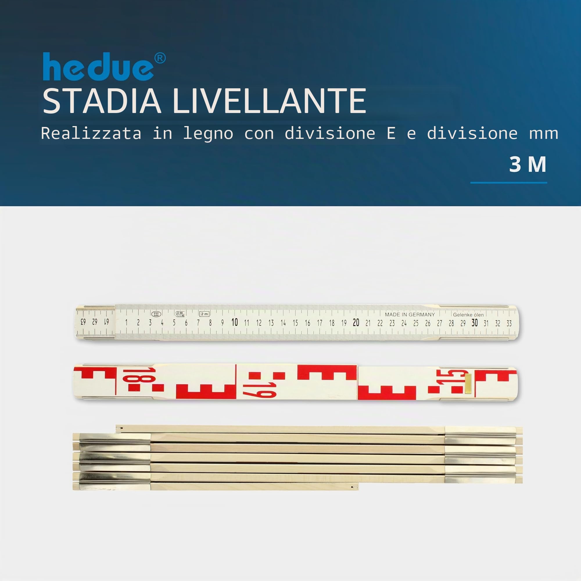 Stadia pieghevole in legno 3 m - Metro pieghevole in legno con graduazione E sul fronte e scala in mm sul retro