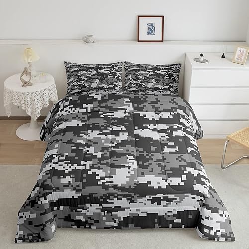 Miniatura 10 de Juego de ropa de cama con diseño de avión de camuflaje, tamaño individual para niños, negro, gris, rojo, camuflaje, juego de edredón de 2 piezas,