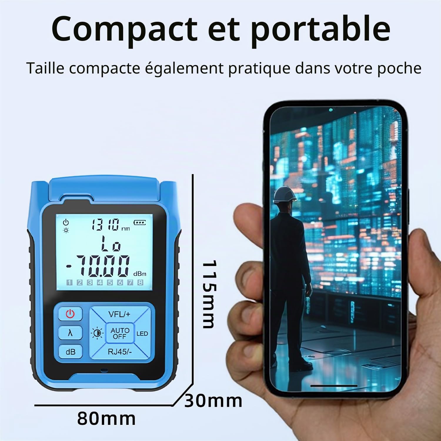 Mini-wattmètre optique tout-en-un, localisateur visuel de défauts 10 mW | Testeur de fibre optique, plage de mesure : -70 à +10 aBm, Aucune fonction de testeur ou de connecteur RJ45
