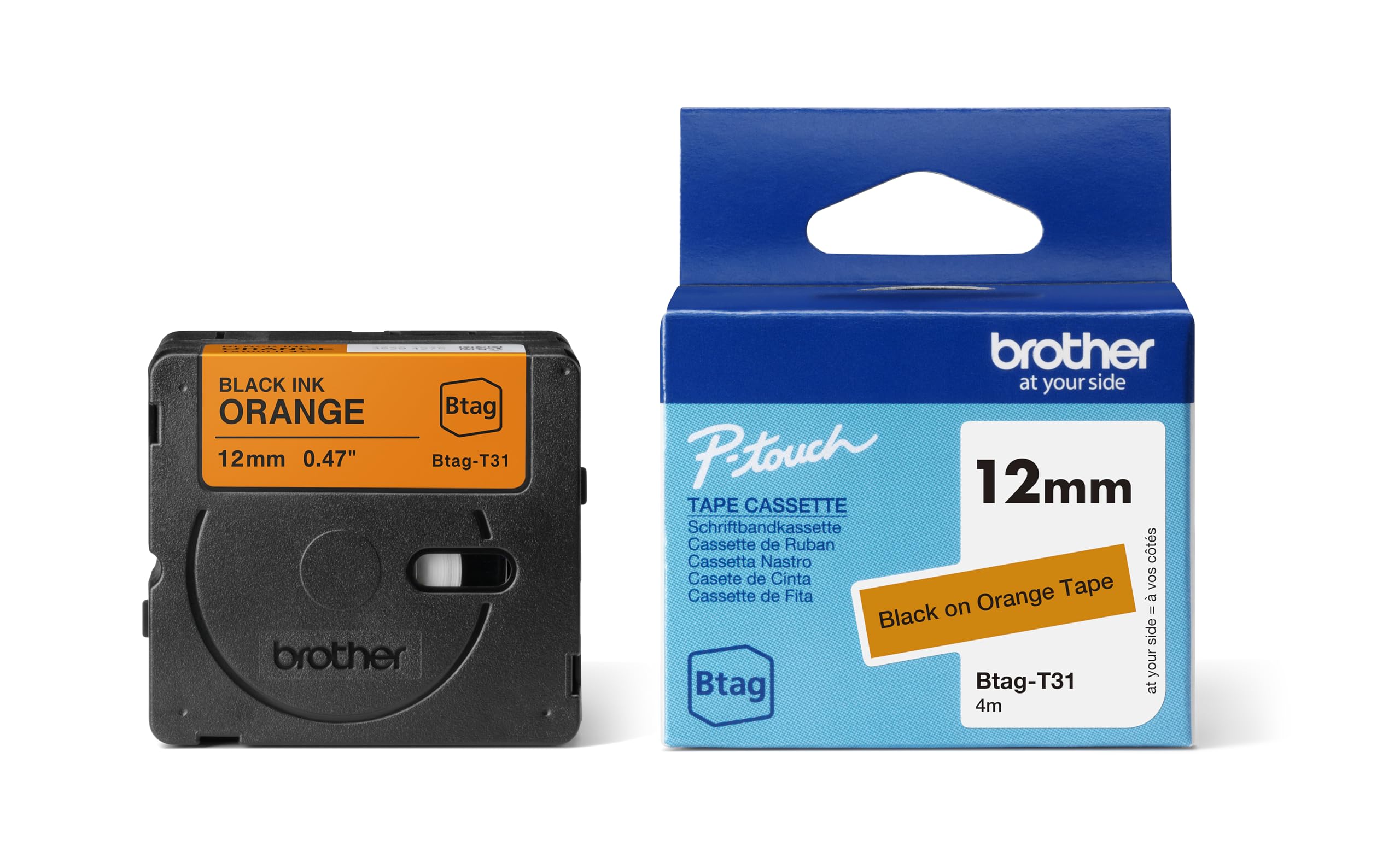 Brother Original Btag-T31 Label Tape 12 mm Wide 4 m Long Black/Orange