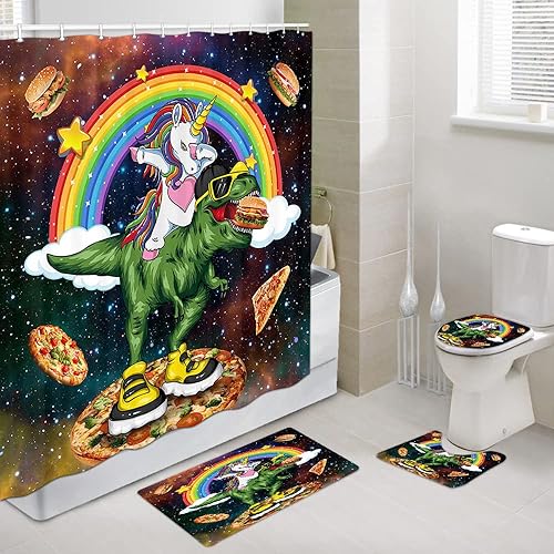 Bonita cortina de ducha para niños con alfombrilla de baño de espuma viscoelástica, alfombras de baño antideslizantes y cubierta para tapa de