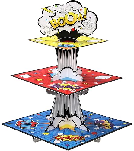 Zopeal 1 soporte de 3 niveles para cupcakes de héroe, suministros de fiesta temática de héroe, soporte para cupcakes de acción, torre para niños y
