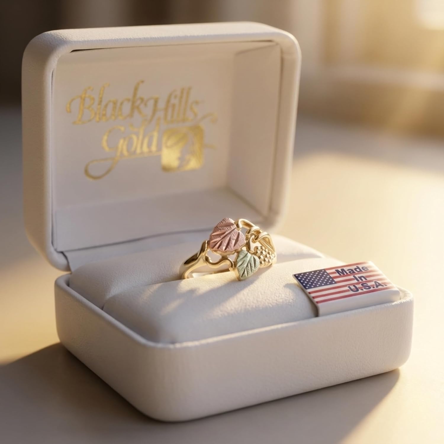 Heart Leaf Grape Cluster Ring, 10k Yellow Gold, 12k Green and Rose Gold Black Hills Gold Motif