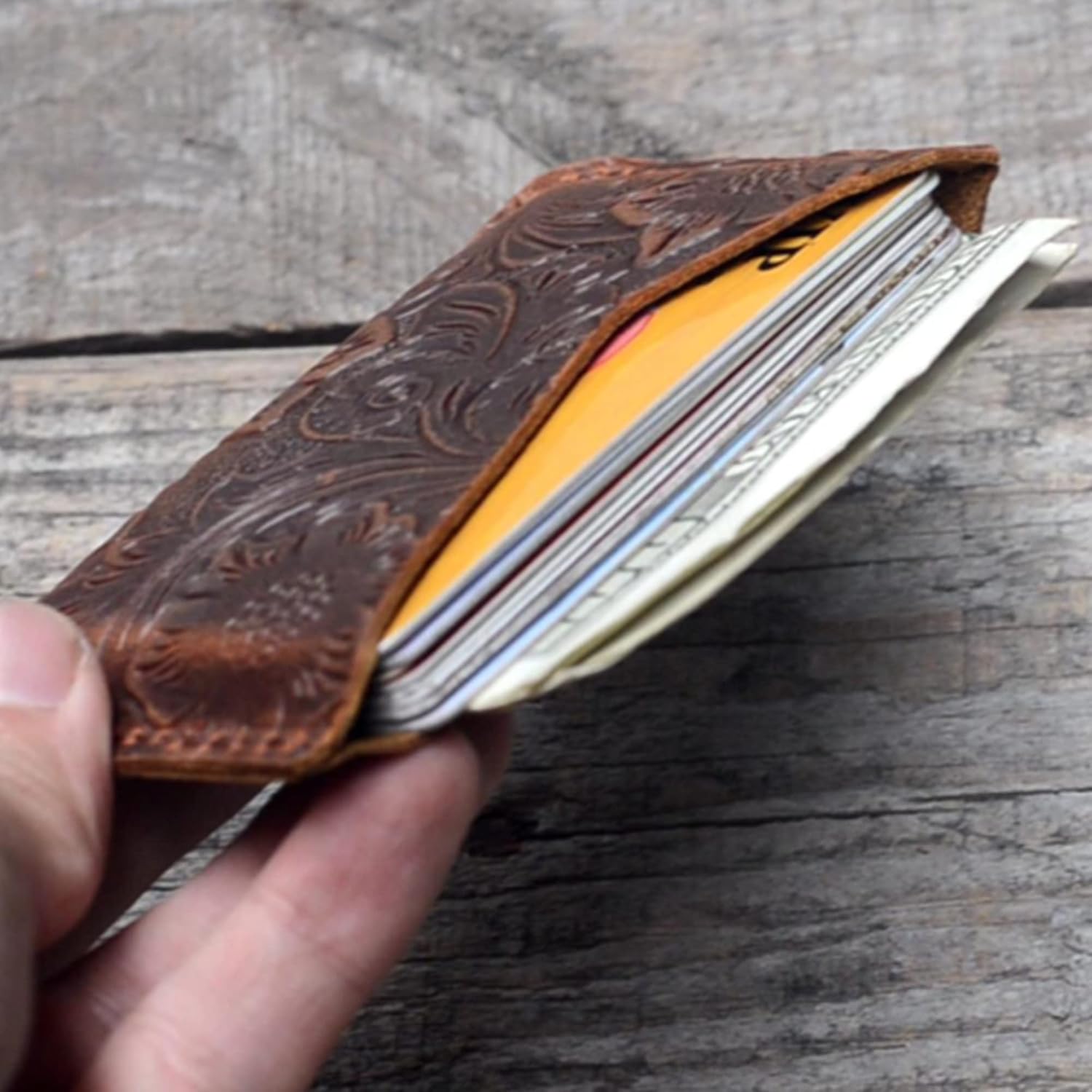 JJNUSA Handmade Leather Business Card Case Holder for Men & Women Minimalist Leather Wallet Card Holder Distressed Gifts Flower brown - Image 4