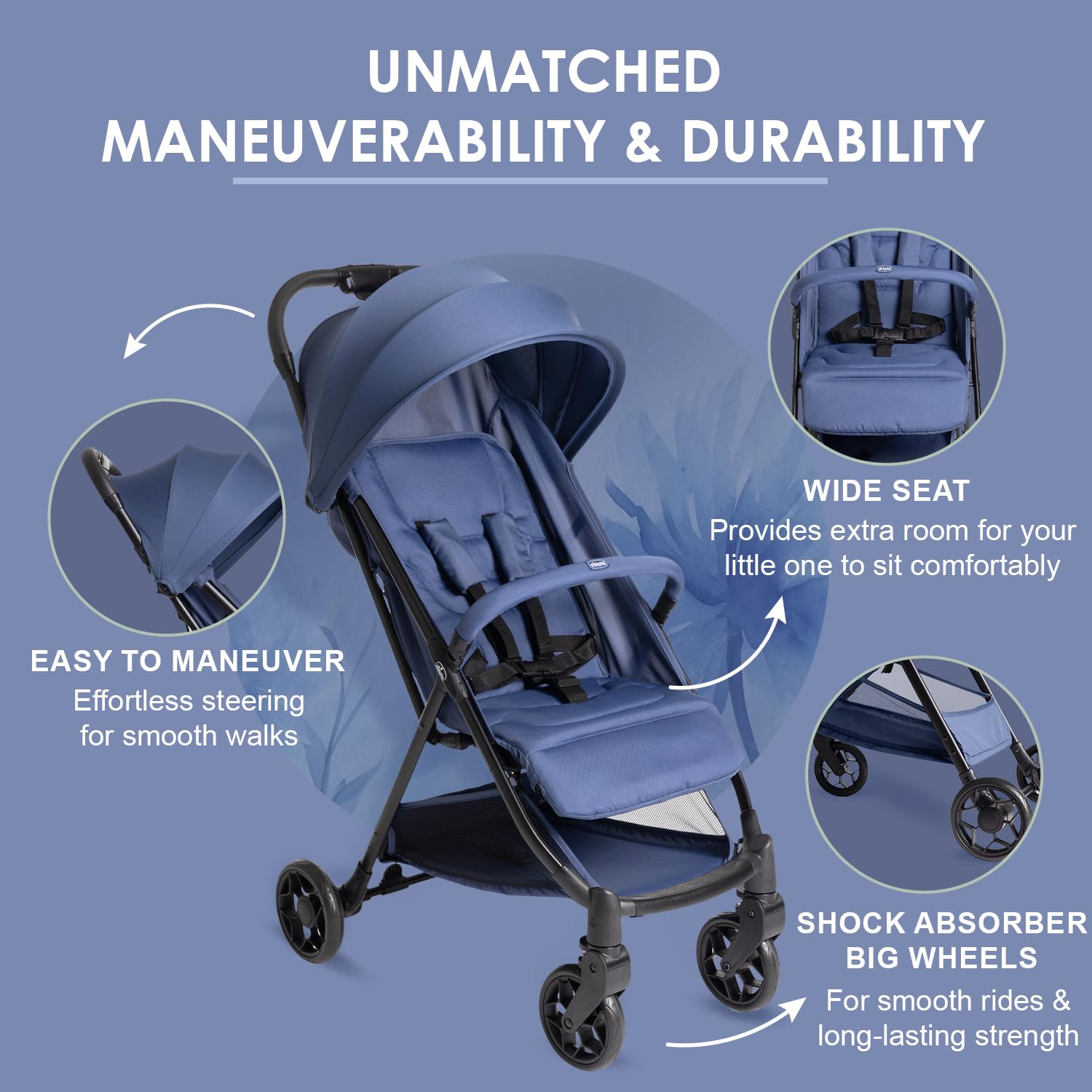 Chicco Urbino, Wózek 0+ miesięcy - 22 Kg, Lekki Wózek Spacerowy z Inteligentnym i Kompaktowym Składaniem, Rozdkładana Budka z Powłoką Przeciwdeszczową i UV50+, Odchylane i Regulowane Oparcie, Podnóżek
