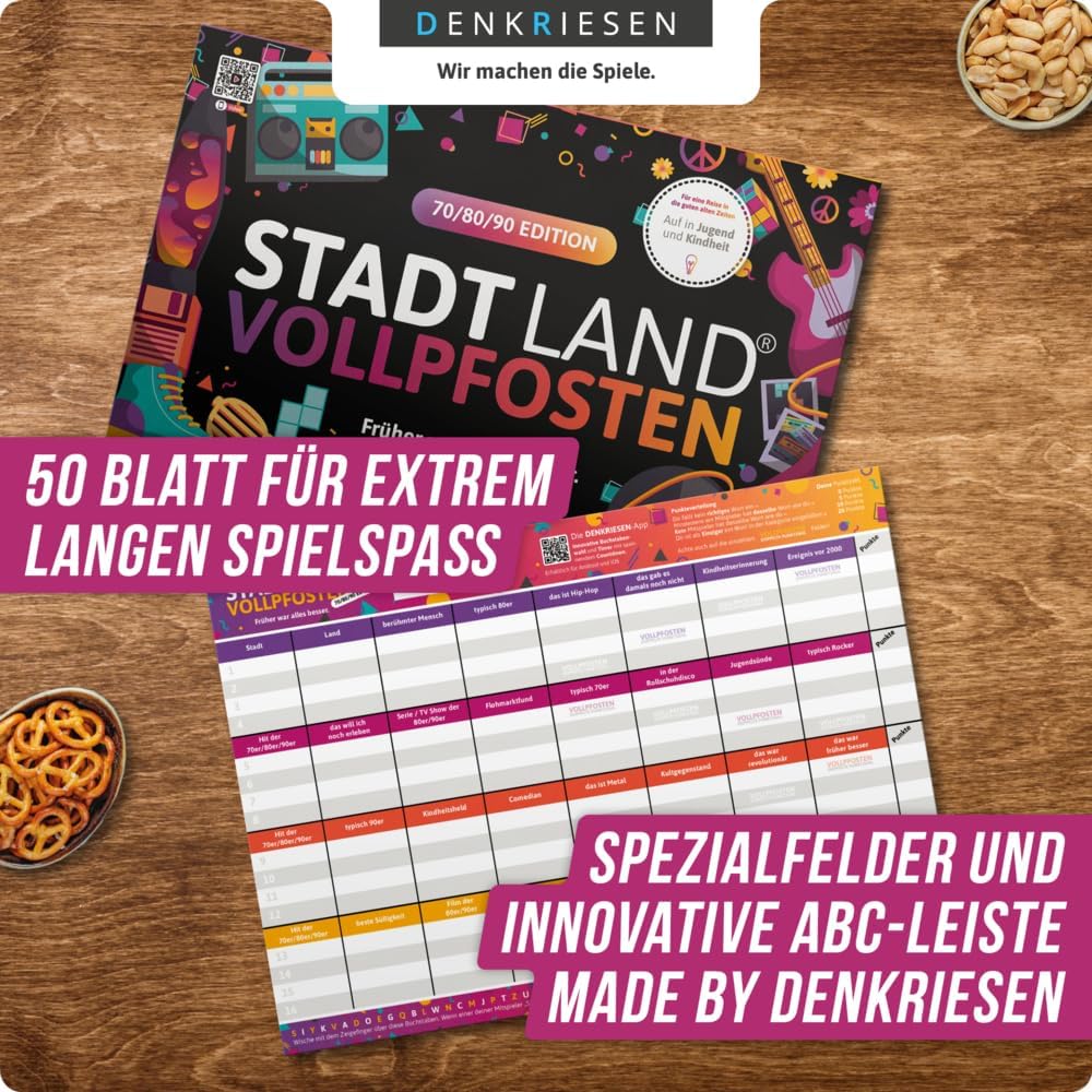 DENKRIESEN - Stadt Land Vollpfosten® - 70/80/90 Edition - Früher war Alles Besser. | Game Block | Family Game | City Country River | DIN A4 | Gift Idea | Fun Pre-Programmed