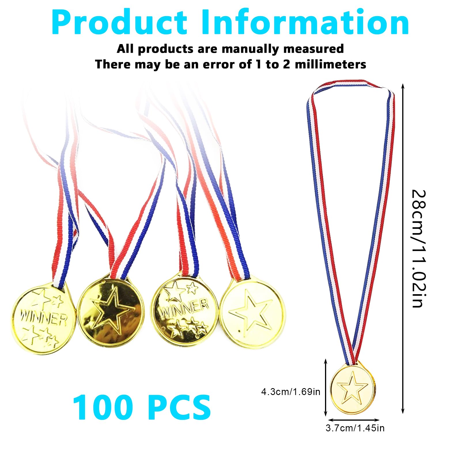 100 medallas para niños de juguete, medallas de oro para niños medallas, medallas de oro con cinta de nailon tricolor, medallas de premios de metal para fiestas de fútbol niños