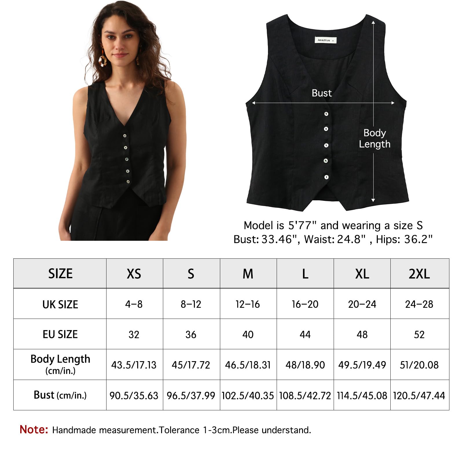 Amazhiyu Gilet da donna in lino, senza maniche, con scollo a V, corto, con bottoni, vestibilità aderente, cinghie regolabili