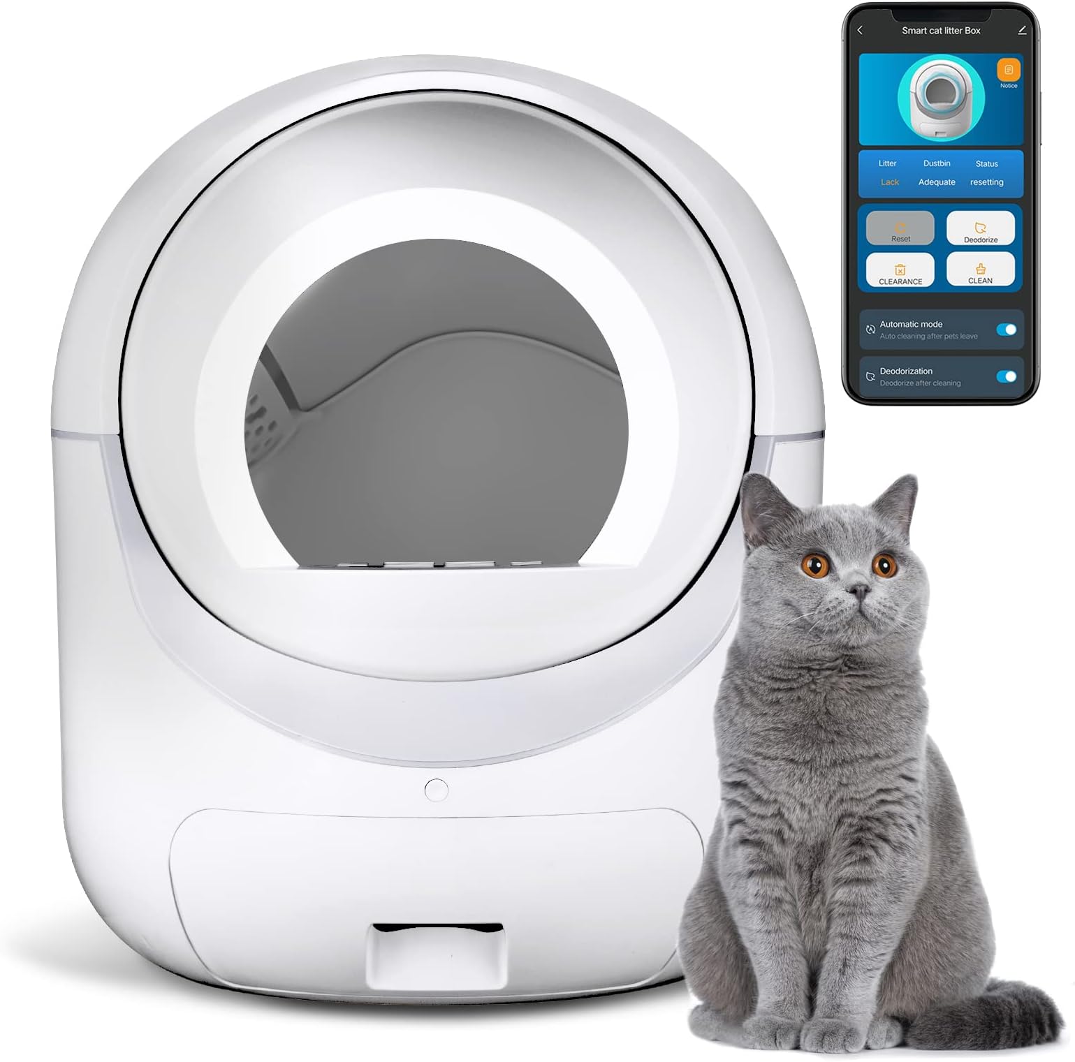 Cleanpethome Self Cleaning Cat Litter Box, Automatic Cat Litter Box with APP Control Odor Removal Safety Protection for Multiple Cats, AUTOCLEAN-1, White