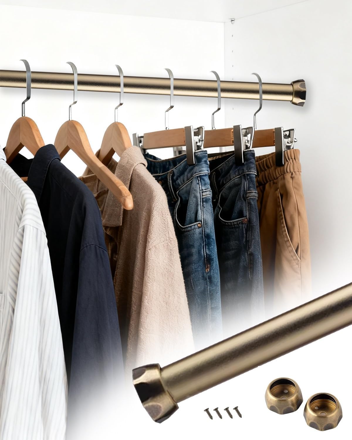 Closet Rod Champagne Bronze Shower Closet Rod, Saving Space Wall Pole For Hanging Clothes, Laundry Room Cloakroom Metal Hanger Bar One Color 74inch/188cm