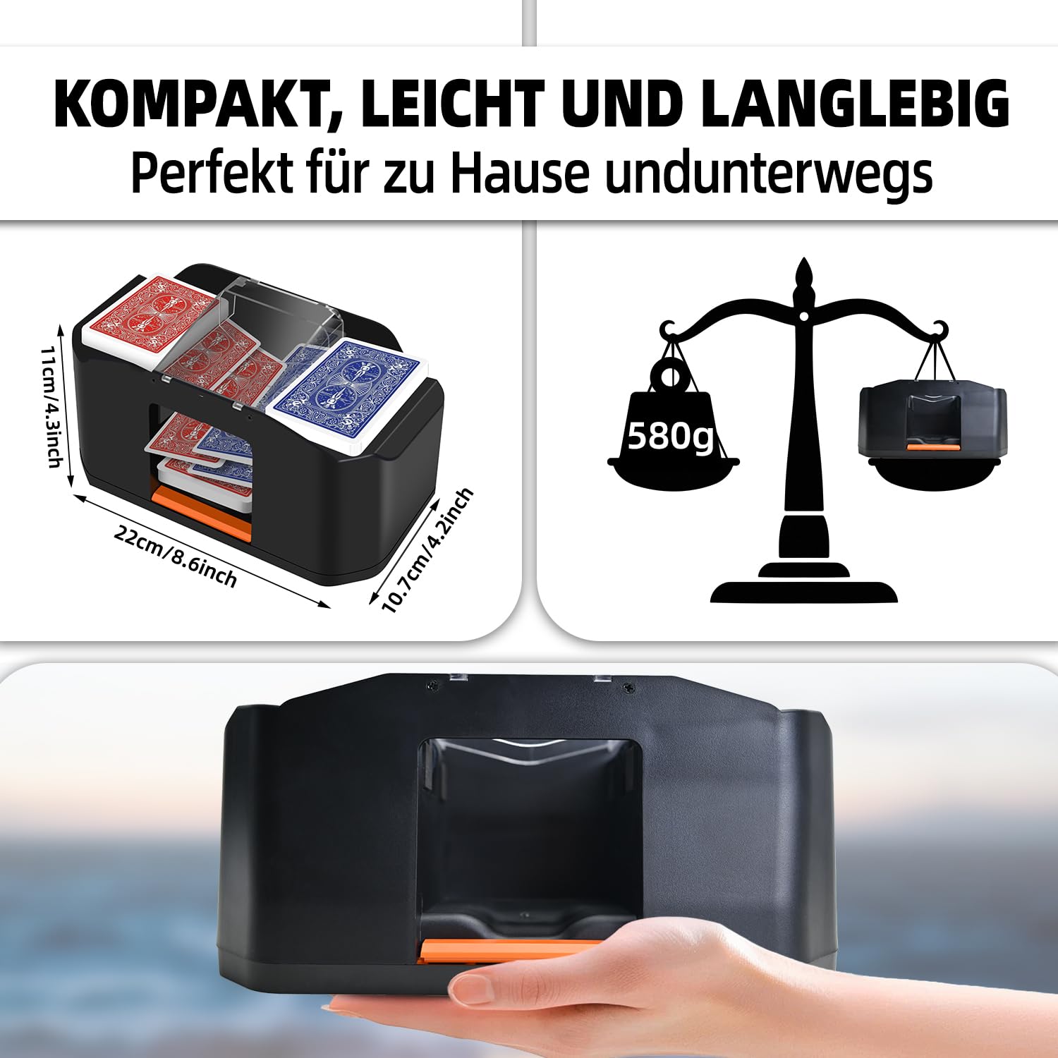 Mescolatore automatico di carte – Silenzioso e con batteria da 2000 mAh – Mescola 2 mazzi di carte – Compatibile con Poker, Bridge, Rommé, Skat