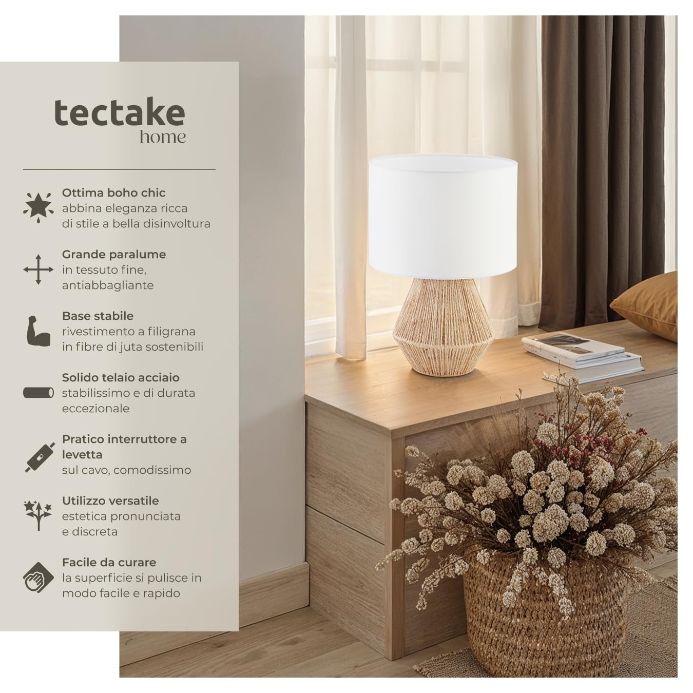 tectake® Lampada Da Tavolo, Lampada Da Scrivania, Lampade da Comodino In Juta, Abat Jour con accenti Luminosi Stile Boho, 60W, E27, Paralume Struttura in Acciaio, Base In Cemento - Ø 32 x 45 cm
