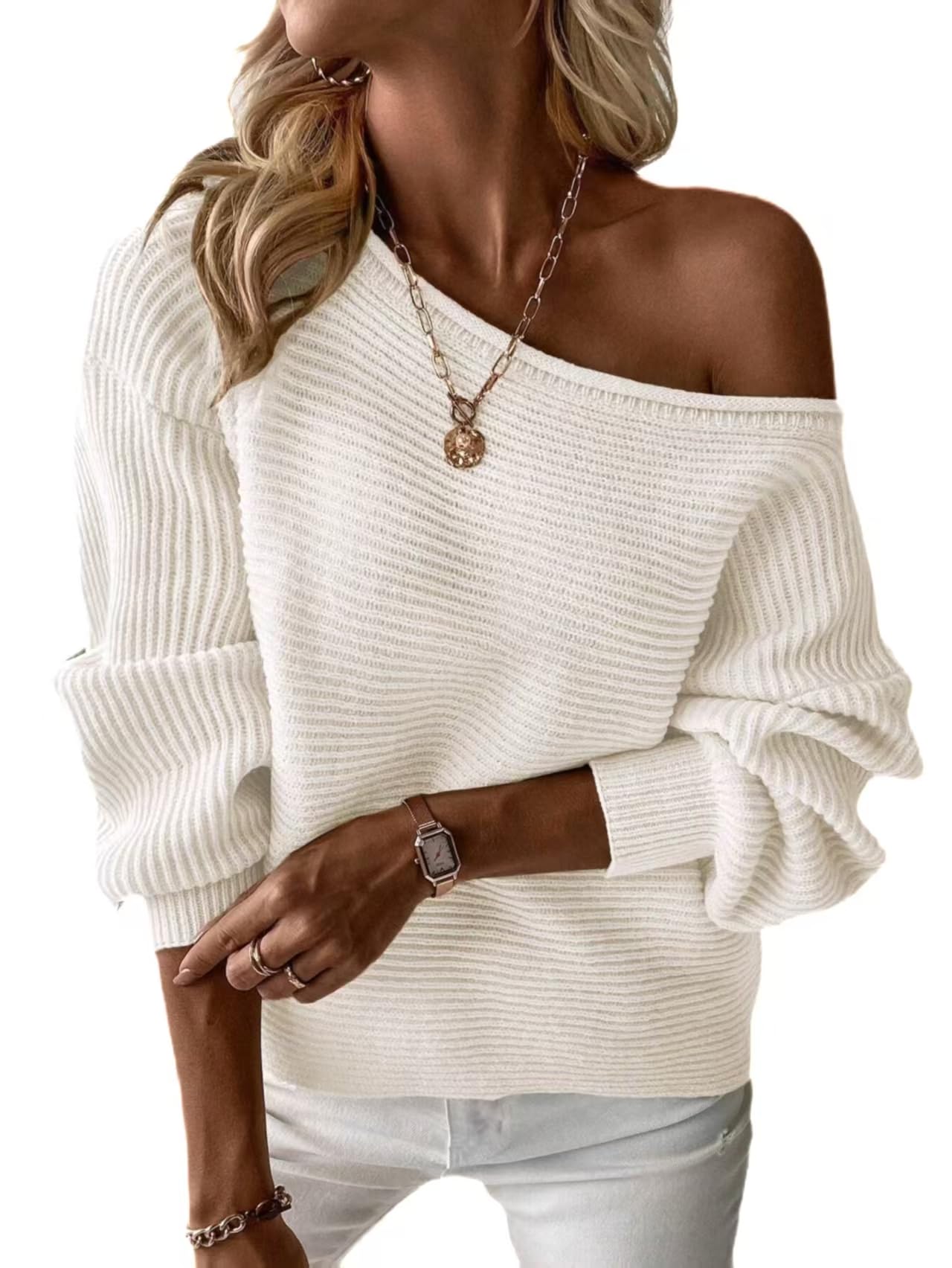 Womens Off Shoulder Ribbed Sweater Turquoise Blue Long Sleeve Casual Knit Pullover Top
