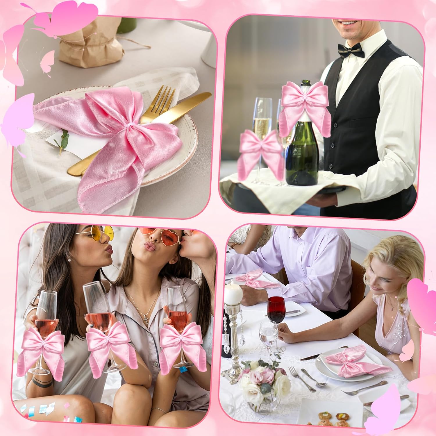 Hahafelt 50 Pcs Pink Bow Decors for Girls Women Bow Satin Napkins Party Decors 5 x 5 Inch Coquette Silky Table Napkin Bows Theme Party Supplies for Wedding Banquet Birthday Baby Shower Table Decor