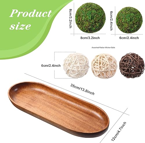 Miniatura 3 de Juego de 13 bolas de musgo natural, bola decorativa de musgo verde, bolas de mimbre redondas, jarrón, bandeja de madera ovalada de 13.8 x 4.7