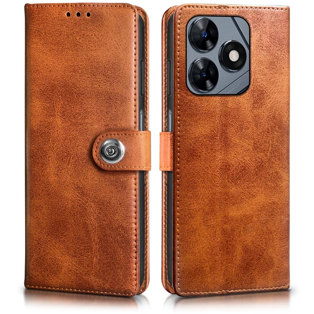 WOW IMAGINE Shock Proof Flip Cover Back Case for Tecno Pop 8 | Tecno Spark Go 2024 | Tecno Spark 20 (Designer Magnetic Button Flip Case | Inbuilt Wallet Pockets & Stand | Leather Finish | Alder Brown)