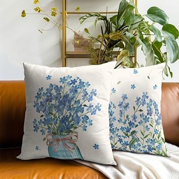 Spring Floral Pillow Covers 18x18 Inch Set of 2, Blue Flower Mason Jar Throw Pillow Covers Square Cotton Cushion Cover for Home Couch Sofa Patio Bedroom Livingroom