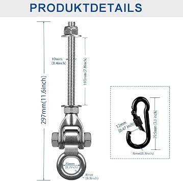 Set of 4 Swing Hooks with Bearings 297 mm Hammock Swing Attachment M10 Stainless Steel Swing Suspension Swing Hook for Wooden Beams for Yoga Punch Bag Hammock Playground Up to 680 kg M10 Edelstahl Schaukelaufhängung Schaukel Aufhängung Schaukelhaken für Holzbalken für Yoga Boxsack Hängematte Bis 680kg