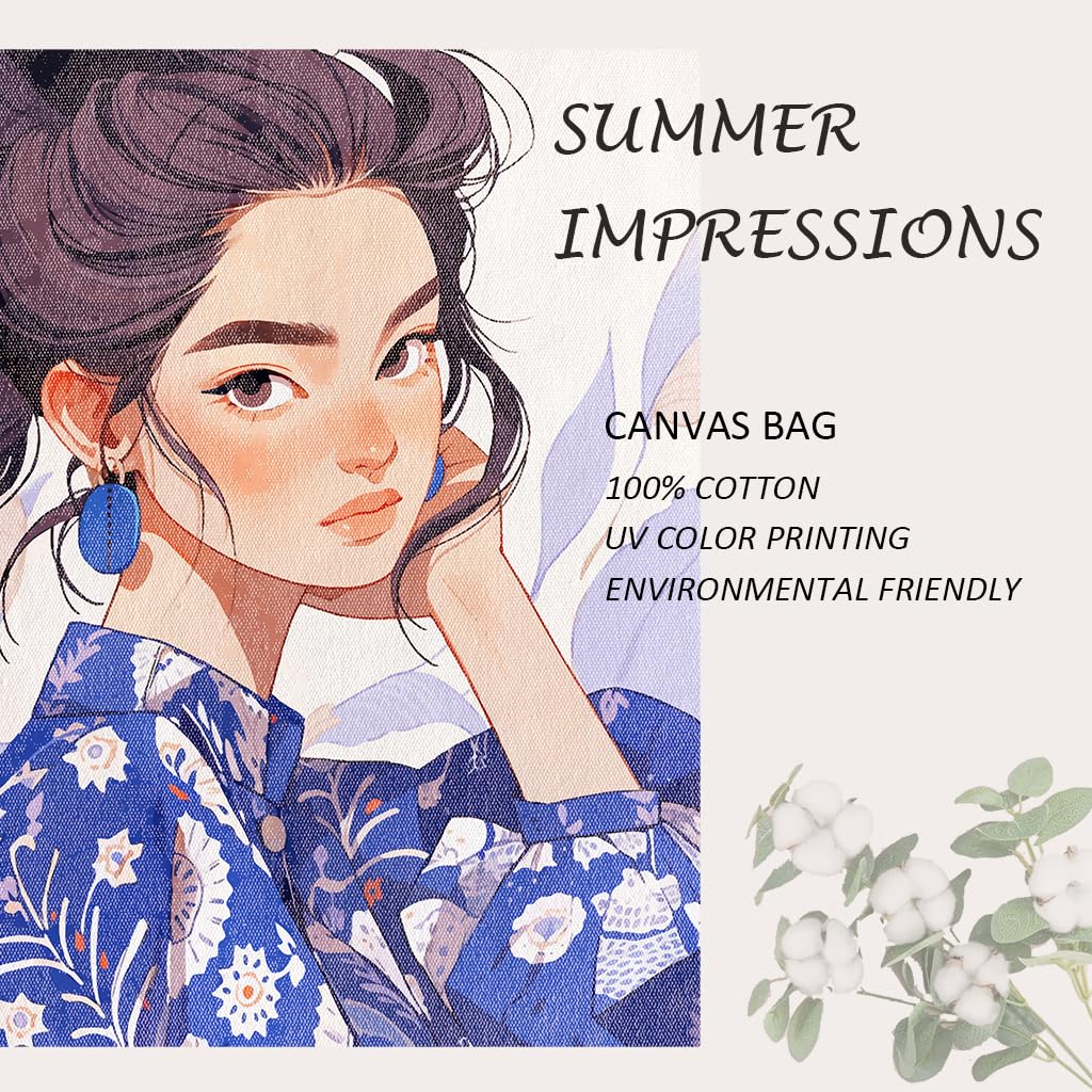 Summer Impressions 12 oz Cotton Canvas Tote Bag with Inner Pocket Aesthetic for Women by Shoulder Reusable Grocery Shopping Bag for Book Laptop Beach Gift