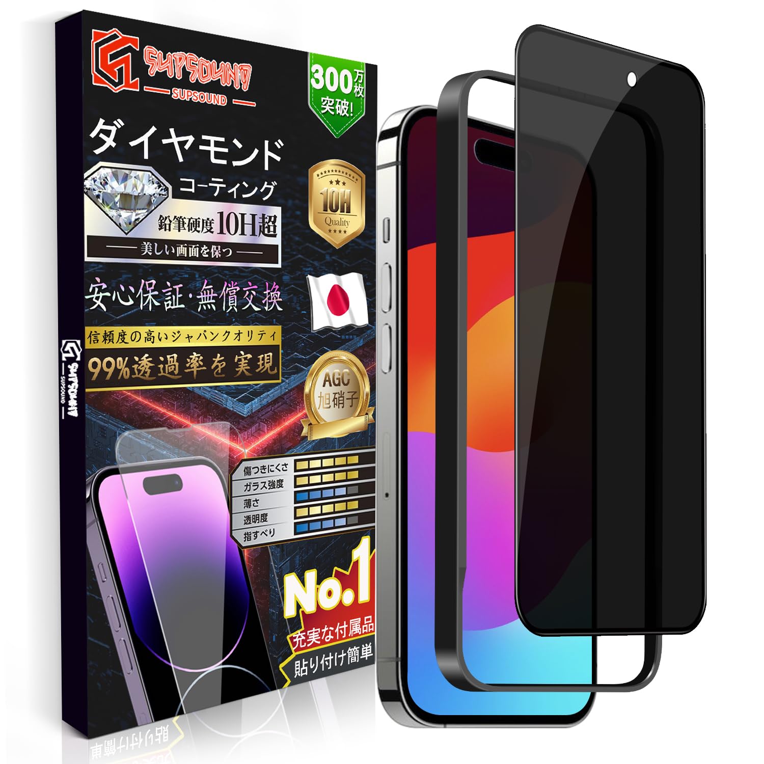 Amazon | SUPSOUND【1枚入り】iPhone 15 Pro 覗き見防止強化ガラス 