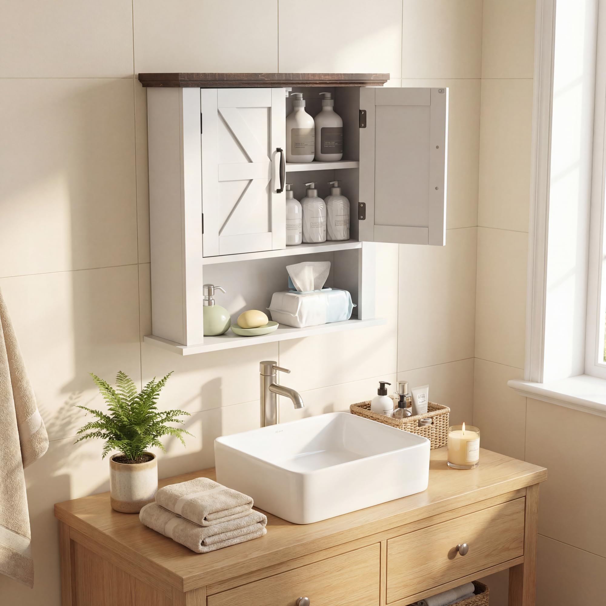 GIANTEX Armario de Pared para Baño, Mueble Colgante con 2 Puertas y 1 Compartimento Abierto, Estilo Granero, Estante Ajustable, 55x19x60cm, Organizador para Cocina, Entrada, Lavandería (Blanco)