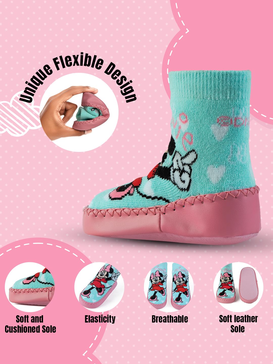 Yellow Bee Girls' Disney Minnie Mouse Cozy Leather Socks - Aqua & Pink, 12-24 Months - Image 4 thumbnail
