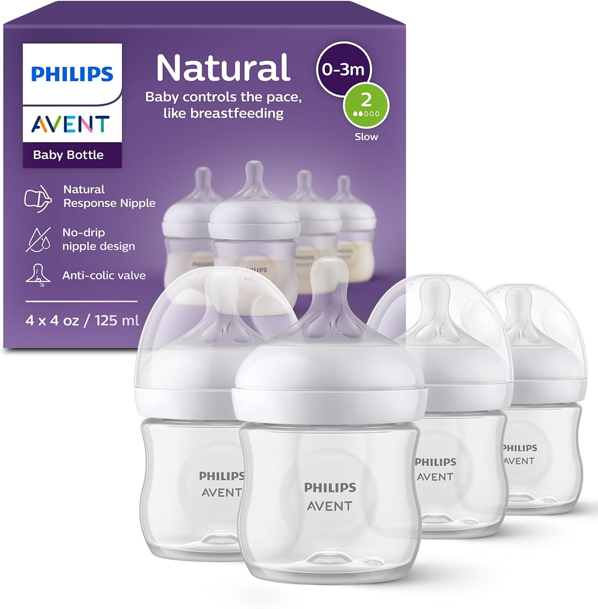 Biberones naturales Philips Avent, flujo lento, 4 oz, sin BPA, paquete de 4 | Flujo controlado por el bebé, diseño sin goteo, reduce los cólicos y los gases con válvula anticólicos, paquete de 4, SCY900/04