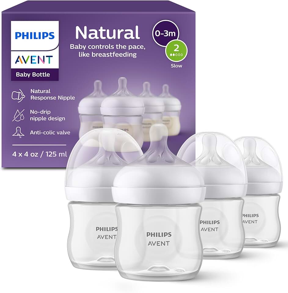 Philips Avent Natural Baby Bottles with Natural Response Nipples (Slow Flow, Flow 2), 4oz, 4-Pack, SCY900/04 GreenCircle Certified: Certified Environmental Facts Label