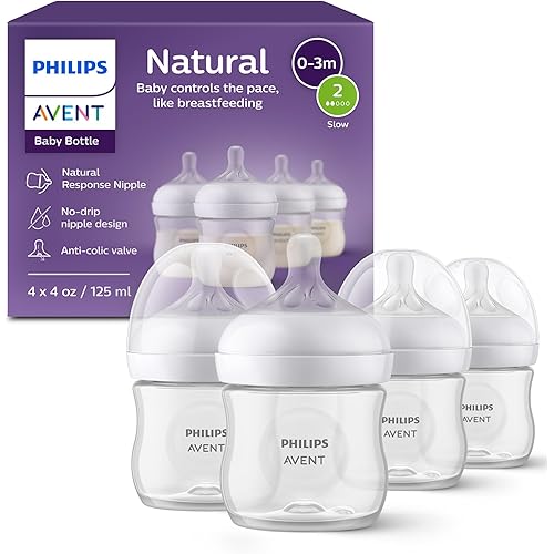 Philips Avent Natural Baby Bottles with Natural Response Nipples (Slow Flow, Flow 2), 4oz, 4-Pack, SCY900/04