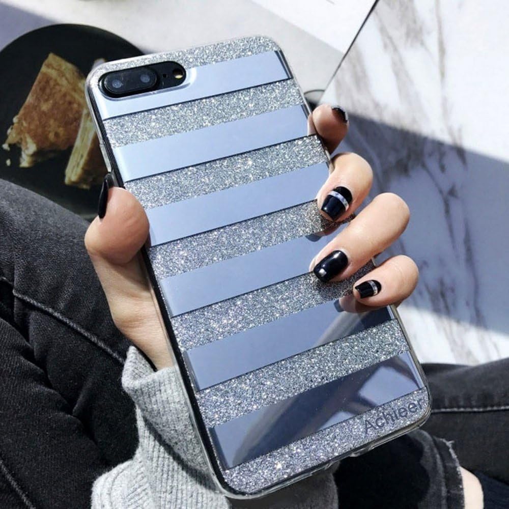 Glitter Powder Phone Case Mirror Reflex Striped Stars Pattern Back Cover for iPhone 7 iphone8 (iPhone 7, Black)